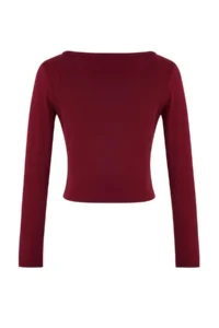 TRENDYOLMİLLA Burgundy Double Look Asymmetric Collar Buttoned Fitted Flexible Knitting Blouse - Image 7
