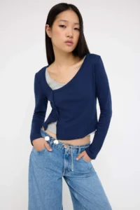 TRENDYOLMİLLA Navy Blue-Gray 2 Sets Set Asymmetric Collar buttoned Fitted Flexible Knitting Blouse