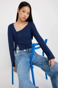 TRENDYOLMİLLA Navy Blue-Gray 2 Sets Set Asymmetric Collar buttoned Fitted Flexible Knitting Blouse - Image 2