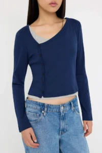 TRENDYOLMİLLA Navy Blue-Gray 2 Sets Set Asymmetric Collar buttoned Fitted Flexible Knitting Blouse - Image 3