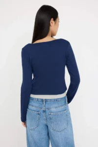 TRENDYOLMİLLA Navy Blue-Gray 2 Sets Set Asymmetric Collar buttoned Fitted Flexible Knitting Blouse - Image 4
