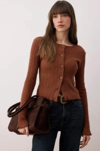 TRENDYOLMİLLA Brown Jacquard Fitted Flexible Knitting Blouse with Button Detail