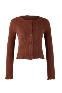 TRENDYOLMİLLA Brown Jacquard Fitted Flexible Knitting Blouse with Button Detail - Image 5