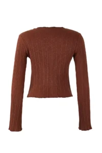 TRENDYOLMİLLA Brown Jacquard Fitted Flexible Knitting Blouse with Button Detail - Image 6