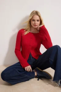 TRENDYOLMİLLA Rejection Jacquard Fitted Flexible Knitting Blouse with Button Detail - Image 2