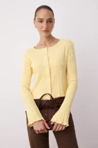 TRENDYOLMİLLA Light Yellow Jacquard Fitted Flexible Knitting Blouse with Button Detail