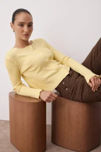 TRENDYOLMİLLA Light Yellow Jacquard Fitted Flexible Knitting Blouse with Button Detail - Image 2