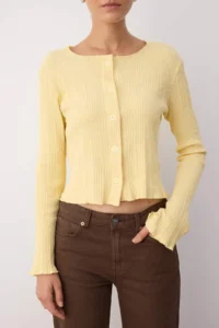 TRENDYOLMİLLA Light Yellow Jacquard Fitted Flexible Knitting Blouse with Button Detail - Image 3