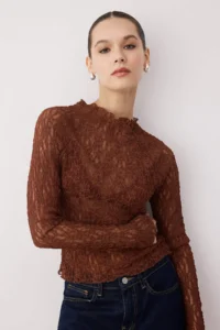 TRENDYOLMİLLA Brown Fitted Raglan Sleeve Lace Long Sleeve Flexible Knitting Blouse - Image 2