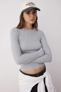 TRENDYOLMİLLA Gray Melange Contrast Piping Detailed Crew Neck Ribbed Flexible Knitting Blouse - Image 2