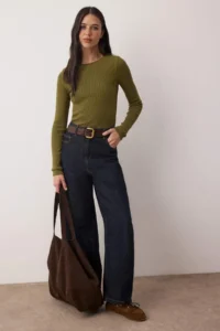 TRENDYOLMİLLA Oil Green Double Layer Crew Neck Ribbed Flexible Knitting Blouse