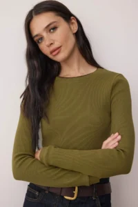 TRENDYOLMİLLA Oil Green Double Layer Crew Neck Ribbed Flexible Knitting Blouse - Image 2