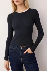 TRENDYOLMİLLA Navy Blue Double Layer Crew Neck Ribbed Flexible Knitting Blouse - Image 3