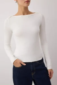 TRENDYOLMİLLA Ecru Boat Neck Flexible Knitting Blouse - Image 3