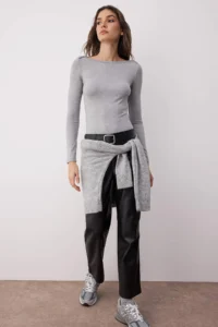 TRENDYOLMİLLA Gray Melange Boat Neck Fitted Flexible Knitting Blouse - Image 2