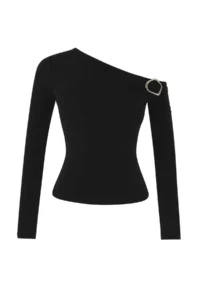 TRENDYOLMİLLA Black Fitted Accessory Detailed Asymmetric Collar Flexible Knitting Blouse - Image 5
