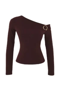 TRENDYOLMİLLA Brown Fitted Accessory Detailed Asymmetric Collar Flexible Knitting Blouse - Image 5