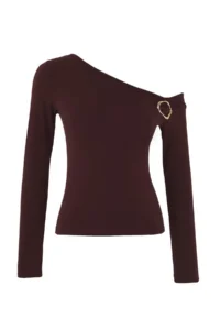 TRENDYOLMİLLA Brown Fitted Accessory Detailed Asymmetric Collar Flexible Knitting Blouse - Image 7