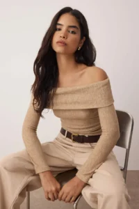 TRENDYOLMİLLA Beige soft Low Shoulder Carmen Collar Fitted Knitting Blouse