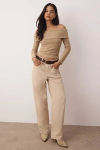 TRENDYOLMİLLA Beige soft Low Shoulder Carmen Collar Fitted Knitting Blouse - Image 2