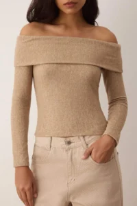 TRENDYOLMİLLA Beige soft Low Shoulder Carmen Collar Fitted Knitting Blouse - Image 3