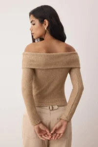 TRENDYOLMİLLA Beige soft Low Shoulder Carmen Collar Fitted Knitting Blouse - Image 4