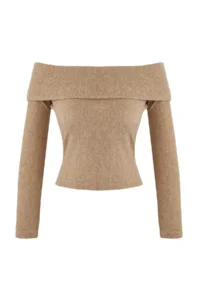TRENDYOLMİLLA Beige soft Low Shoulder Carmen Collar Fitted Knitting Blouse - Image 5