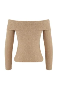 TRENDYOLMİLLA Beige soft Low Shoulder Carmen Collar Fitted Knitting Blouse - Image 6