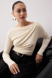 TRENDYOLMİLLA Stone Fitted Asymmetric Collar Detailed Soft Fabric Flexible Knitting Blouse