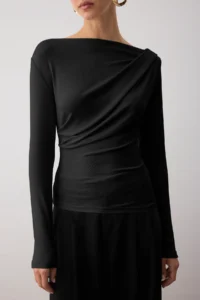 TRENDYOLMİLLA Black Fitted Asymmetric Collar Detailed Soft Fabric Flexible Knitting Blouse - Image 3