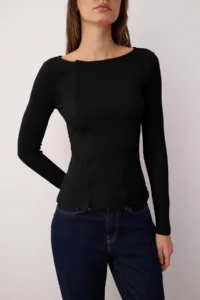 TRENDYOLMİLLA Black buttoned Crew Neck Fitted Ribbed Flexible Knitting Blouse - Image 3