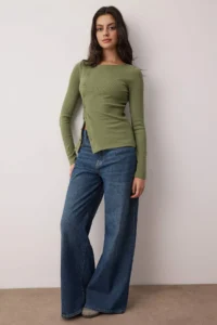 TRENDYOLMİLLA Khaki buttoned Crew Neck Fitted Ribbed Flexible Knitting Blouse - Image 2