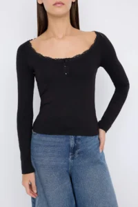 TRENDYOLMİLLA Teen Black Cowl Neck buttoned Lace Detailed Body-fitting Flexible Knitting Blouse - Image 3