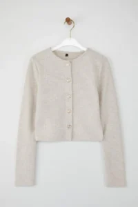 TRENDYOLMİLLA Beige Regular/Normal Pattern Crop Button Detailed Brushed Pointel Flexible Knitting Blouse - Image 5