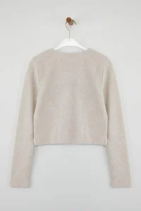 TRENDYOLMİLLA Beige Regular/Normal Pattern Crop Button Detailed Brushed Pointel Flexible Knitting Blouse - Image 6