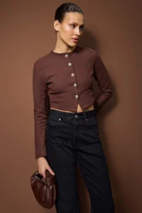 TRENDYOLMİLLA Brown Fitted Crop Button Detailed Brushed Pointel Flexible Knitting Blouse - Image 2