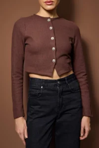 TRENDYOLMİLLA Brown Fitted Crop Button Detailed Brushed Pointel Flexible Knitting Blouse - Image 3