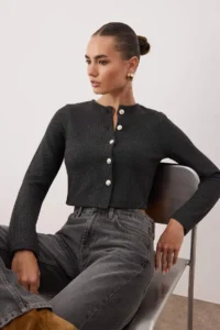 TRENDYOLMİLLA Anthracite Fitted Crop Button Detailed Brushed Pointel Flexible Knitting Blouse