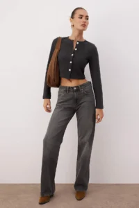 TRENDYOLMİLLA Anthracite Fitted Crop Button Detailed Brushed Pointel Flexible Knitting Blouse - Image 2