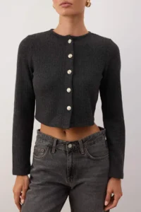 TRENDYOLMİLLA Anthracite Fitted Crop Button Detailed Brushed Pointel Flexible Knitting Blouse - Image 3