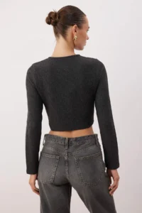 TRENDYOLMİLLA Anthracite Fitted Crop Button Detailed Brushed Pointel Flexible Knitting Blouse - Image 4