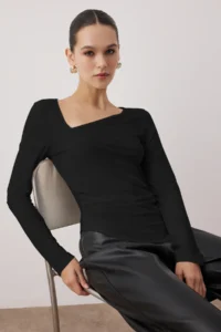 TRENDYOLMİLLA Black Asymmetric Collar Detailed Flexible Knitting Blouse - Image 2