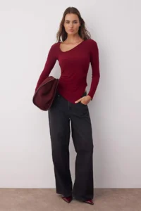 TRENDYOLMİLLA Burgundy Asymmetric Collar Detailed Flexible Knitting Blouse - Image 2