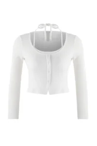 TRENDYOLMİLLA Ecru 2 Sets Body-Fitting Double Look Ribbon Detailed Knitwear look Knitting Blouse - Image 6