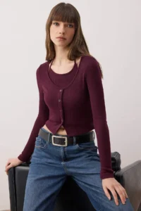 TRENDYOLMİLLA Plum 2 Sets Body-Fitting Double Look Ribbon Detailed Knitwear look Knitting Blouse - Image 2