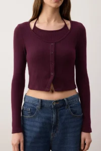 TRENDYOLMİLLA Plum 2 Sets Body-Fitting Double Look Ribbon Detailed Knitwear look Knitting Blouse - Image 3