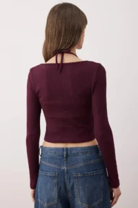 TRENDYOLMİLLA Plum 2 Sets Body-Fitting Double Look Ribbon Detailed Knitwear look Knitting Blouse - Image 4