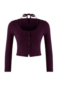 TRENDYOLMİLLA Plum 2 Sets Body-Fitting Double Look Ribbon Detailed Knitwear look Knitting Blouse - Image 5