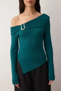 TRENDYOLMİLLA Emerald Green Asymmetric Collar Accessory Detailed Fitted Open Shoulder Knitting Blouse - Image 3
