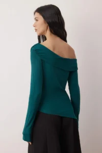 TRENDYOLMİLLA Emerald Green Asymmetric Collar Accessory Detailed Fitted Open Shoulder Knitting Blouse - Image 4